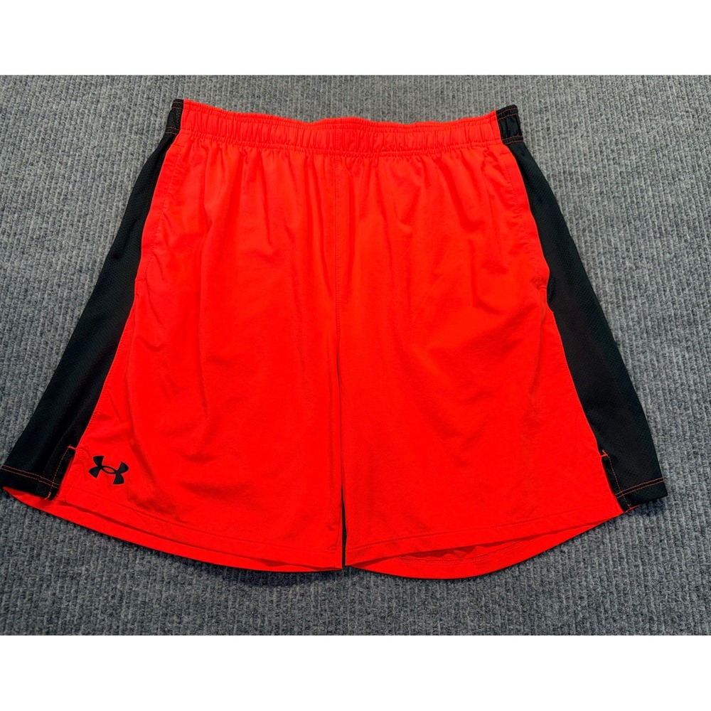 Under Armour Mens XL Orange Black Mesh Panel Athletic Gym Training Shorts